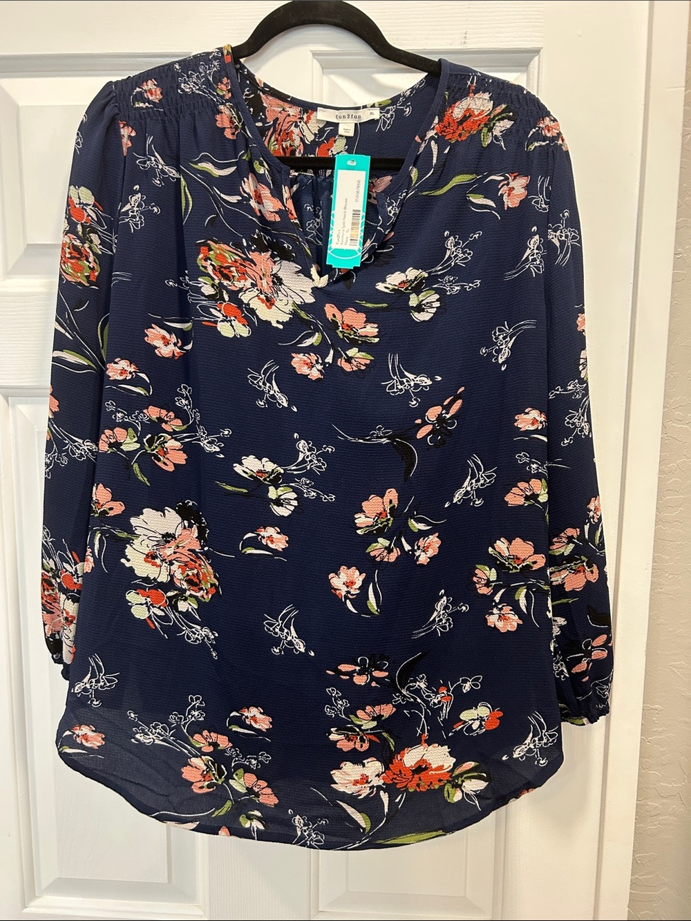 Nautica Navy Floral Peasant Blouse with Pink & Coral Accents